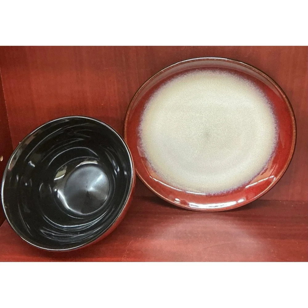 Pfaltzgraff Aria Red Stoneware 3 Piece Set 1 Bowl 2 Saucers Reactive Glaze Black